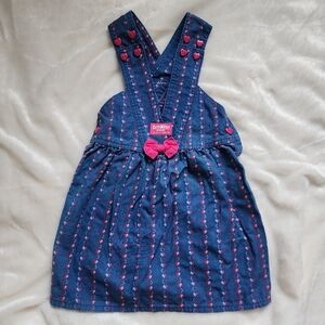 VINTAGE OSHKOSH Vestback Cotton Dress Overall Size 5 Hearts Pink Blue 80's 90's